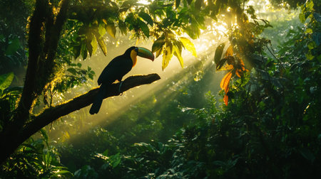 Toucan bird sitting on a branch in the rainforest.の写真素材