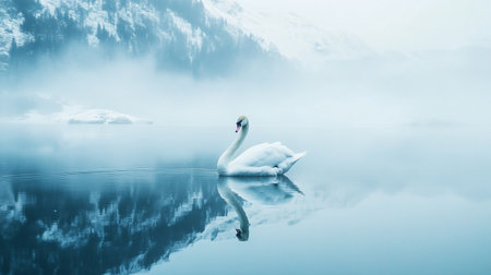 Beautiful white swan swimming on lake in foggy winter dayの写真素材