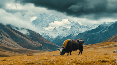 Yak on the background of mountains in Nepalの写真素材