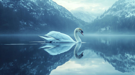 Beautiful white swan on the lake in winter. 3d renderingの写真素材