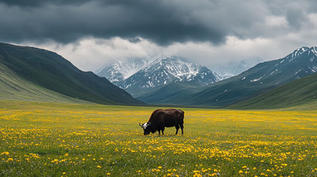 Black cow grazing in a meadow with yellow dandelions and mountains in the backgroundの写真素材