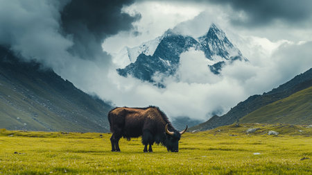 Yak on the background of snow-capped mountain peaks.の素材