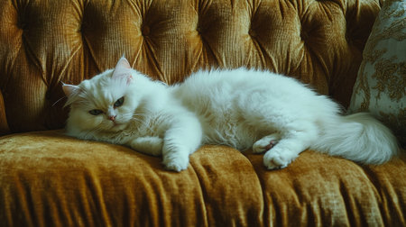 Beautiful white cat lying on a sofa in the living room.の写真素材