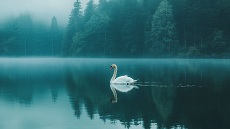 Beautiful white swan swimming on a lake in foggy morningの写真素材