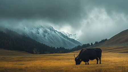 Bison grazing in the meadow in the mountainsの写真素材