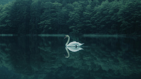 Swan on the lake in a misty forest. 3d renderingの写真素材