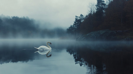 Beautiful swan swimming on a foggy lake in autumn.の写真素材