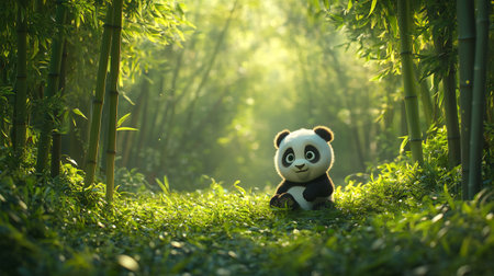 panda bear in bamboo forest at sunset, panda bear in bamboo forestの写真素材