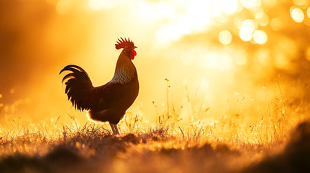 Beautiful rooster in the morning sun. Portrait of a rooster at sunriseの写真素材