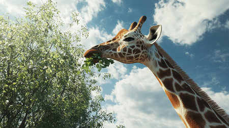 Giraffe eating green leaves in the park. 3d renderingの写真素材
