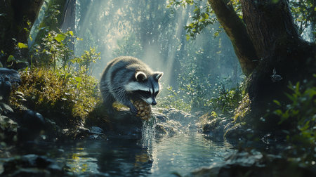 Raccoon in the forest. Wildlife scene from nature series.の写真素材