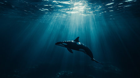 A killer whale swimming in the blue ocean. Underwater photography.の写真素材