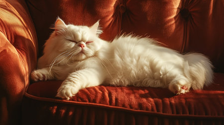 Beautiful white cat lying on sofa, close-upの写真素材