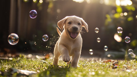 Labrador retriever puppy playing with soap bubbles in the garden.の写真素材