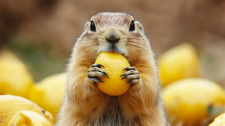 Prairie dog holding a lemon in its mouth and eating it.の写真素材