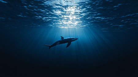 Underwater view of a shark swimming in the deep blue oceanの写真素材
