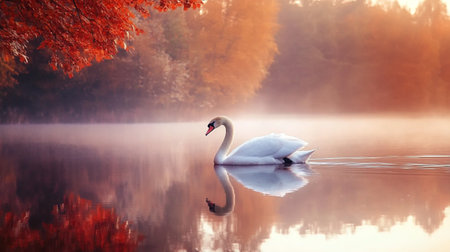 swan on the lake at sunrise in autumn, beautiful photo digital pictureの写真素材
