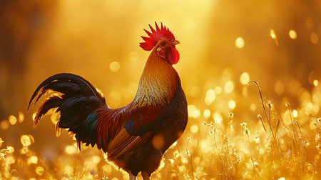 Colorful rooster in golden meadow at sunrise, closeupの写真素材
