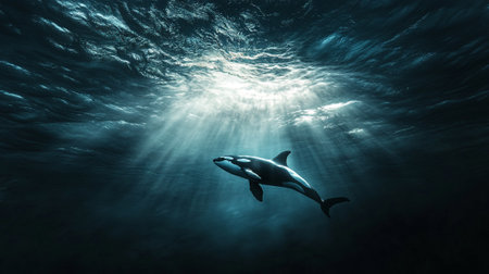 Dolphin swimming underwater in deep blue ocean. 3d illustration.の写真素材