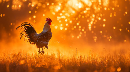 Rooster on the meadow at sunrise. Beautiful rooster in the morning light.の写真素材