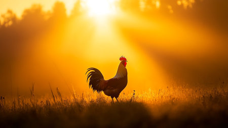 Beautiful rooster in the meadow at sunrise. Beautiful rooster in the morning.の写真素材