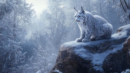 White Lynx sitting on a rock in winter forest. Wildlife scene from nature.の写真素材