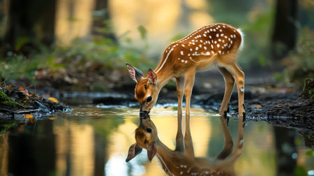 Spotted deer (Axis axis) drinking water in the forestの写真素材