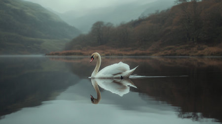 Beautiful swan floating on a lake in the English Lake Districtの写真素材