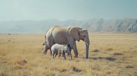 Elephant with baby in Amboseli National Park, Kenya.の写真素材