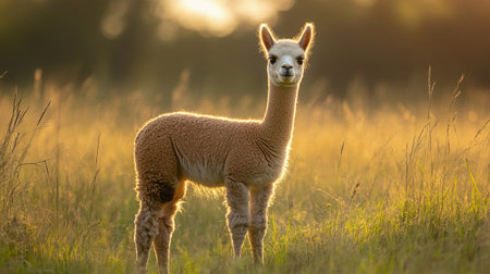 Alpaca (Vicugna pacos) on the field at sunsetの写真素材