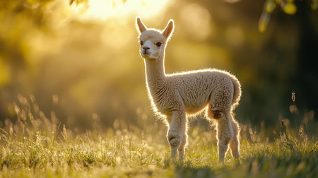 Baby alpaca (Lama glama) in sunset lightの写真素材