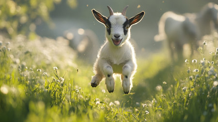 Cute little goat jumping in the meadow with dandelionsの写真素材