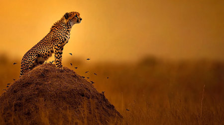 Cheetah sits on termite mound at sunset, Masai Mara National Park, Kenyaの写真素材