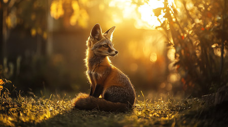 Red fox (Vulpes vulpes) sitting on the grass at sunsetの写真素材