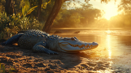 Crocodile in the evening sun. Crocodile in the nature habitatの写真素材