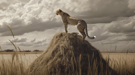 Cheetah on top of a haystack in the savannahの写真素材