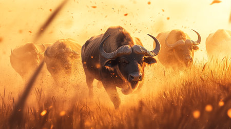 Buffalo running in the grassland during sunset time, Thailand.の写真素材