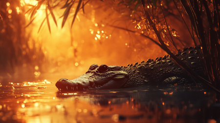 Crocodile in the swamp at sunset. Wild nature.の写真素材