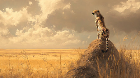 Cheetah sits on a mound in the savannah at sunsetの写真素材