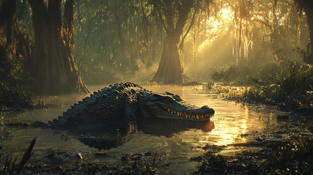 Crocodile in a swamp at sunrise, Sri Lanka.の写真素材