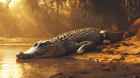 Crocodile in the river at sunset. 3d renderの写真素材