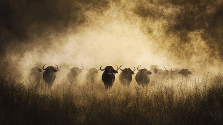 Buffalo herd in a misty meadow with golden light in the backgroundの写真素材