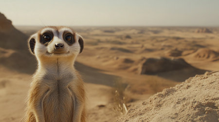 meerkat standing in the desert and looking at the camera.の写真素材