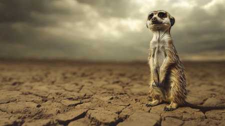 Meerkat standing on cracked ground with stormy sky background.の素材