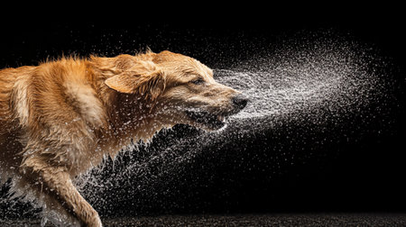 Golden retriever dog playing with a spray of water on black backgroundの写真素材