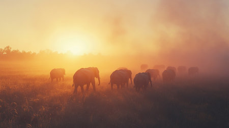 Silhouette of cattle on the meadow at sunriseの写真素材
