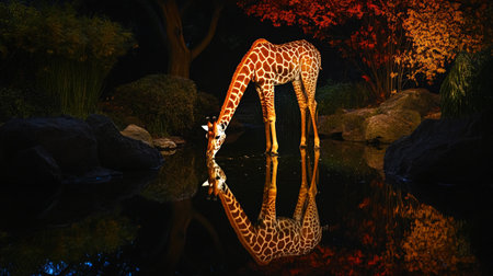 Giraffe in the park at night with reflection in the waterの写真素材