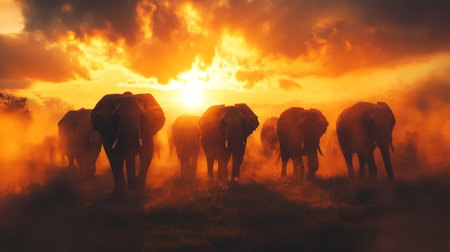 Elephants in the savannah at sunset. 3d illustrationの写真素材