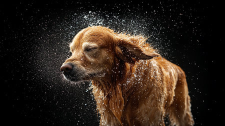 Cute golden retriever dog splashing water on black background.の素材