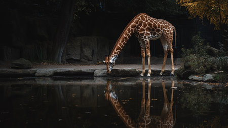 Giraffe at the zoo in the evening with reflection in waterの写真素材